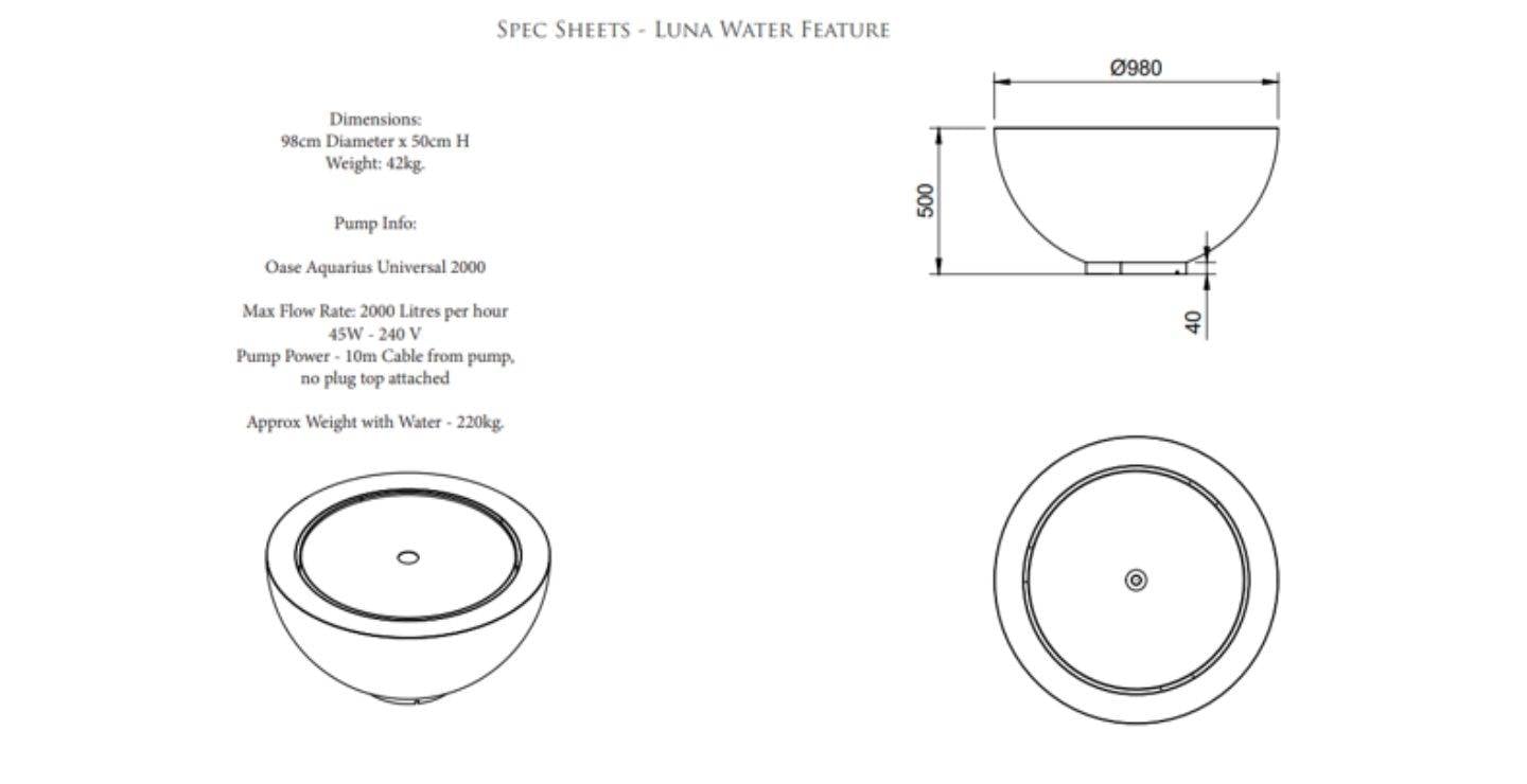 Luna Water Feature Spec Sheet